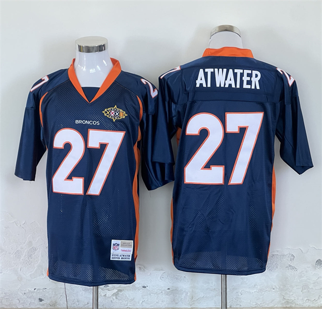 Men's Denver Broncos #27 Steve Atwater Mitchel & Ness Navy With Super Bowl Patch Stitched Throwback NFL Jersey